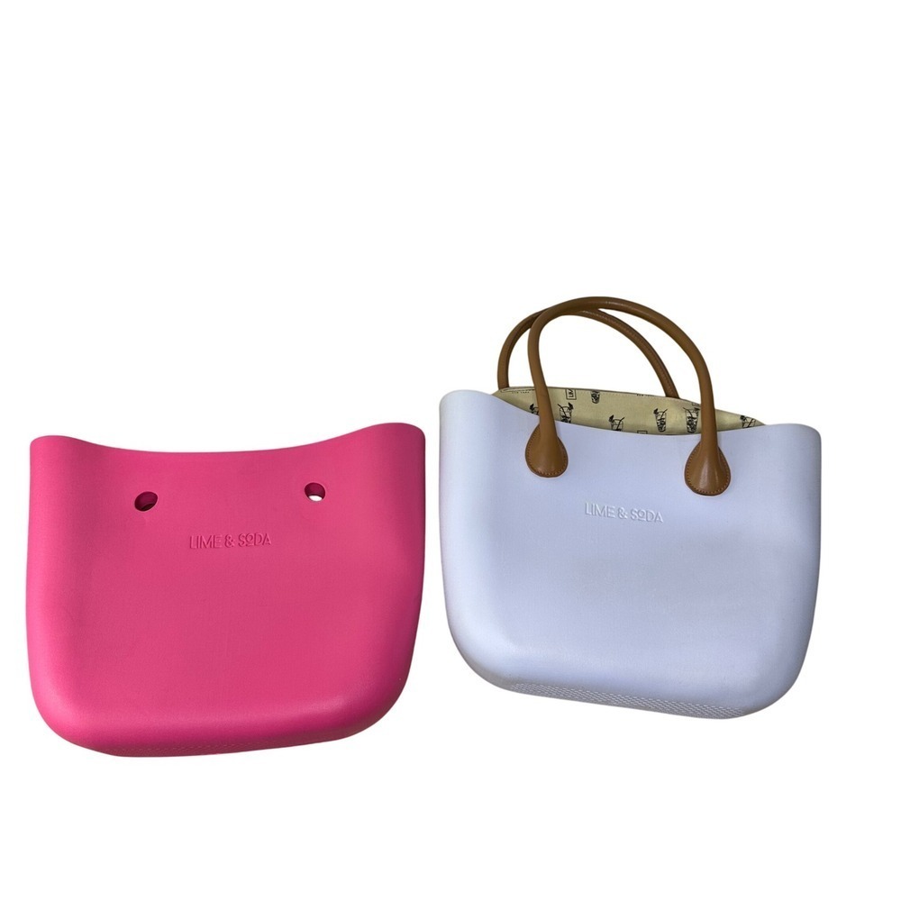 Lime & Soda Tote Bag Purse White & Pink Rubber Brown Handles Insert Lot